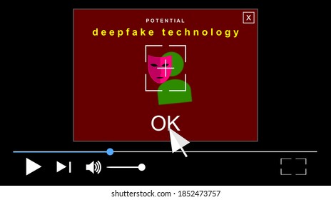 Illustration With Warning Pop-up, Alert. Video Interface. Media File. Acronym Deepfake, Deep Fake And False, Profound Learning. Replacing Images Using Artificial Neural Networks. 