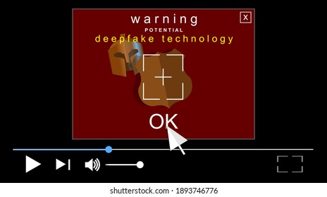 Illustration With Warning Pop-up, Alert. Video Interface. Media File. Acronym Deepfake, Deep Fake And False, Profound Learning. Replacing Images, Artificial Neural Networks. Trojan Helmet And Shield.