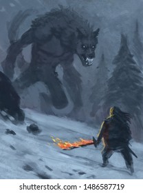 illustration of a warrior with a magic flaming sword facing off with a werewolf in a frozen night environment - digital fantasy painting