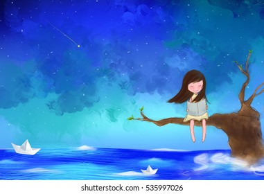 Illustration Water Color Drawing Of Lonely Girl Sitting On Tree Branches Reading Book Over Starry Night Sky & Ocean With Paper Boat Floating. Idea Of Peaceful, Knowledge, Enjoy, Imagination Background