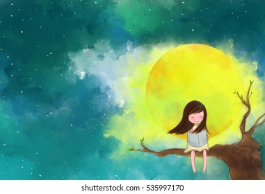 Illustration Water Color Drawing Of Lonely Girl Sitting On Tree Branches Reading Book Over Full Moon Yellow Moonlight Starry Night Sky. Idea Of Peaceful, Knowledge, Enjoy, Imagination Background