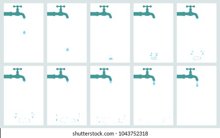 Illustration Of Water Tap Dripping With Water Drop And Splash. Sprite Sheet Isolated On White Background. Can Be Used For GIF Animation 