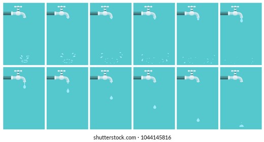 Illustration Of Water Tap Dripping With Water Drop And Splash. Sprite Sheet On Blue Background. Can Be Used For GIF Animation