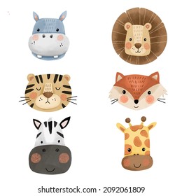Illustration of watercolor cute animal face. This graphic is perfect for creating decorations, handmade craft items, stationery, greeting cards, party invitations, scrapbooking, posters, and more.