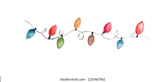 Illustration Watercolor Drawing New Year And Christmas Garland Of Light Bulbs Isolated