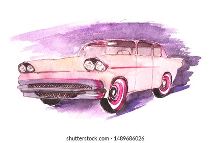 Illustration of watercolor old pink retro car