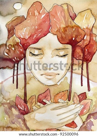 illustration of a watercolor portrait of a beautiful woman. The original picture painted coffee stains and paints . autumn portrait