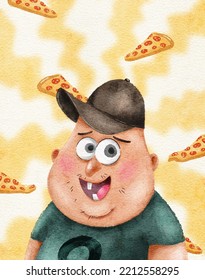 Illustration Watercolor Portrait Character Hero Guy Glutton Fat Kind Cute Pizza Food Fanart Mysterious Mystical Fantasy Fairy Tale Story Avatar Poster Decoration