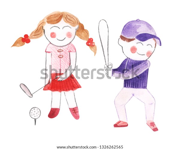 Illustration Watercolor Schoolchildren Drawing Boy Girl Stock