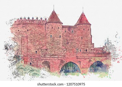 illustration or watercolor sketch. Historic Warsaw Barbican in the Warsaw Old Town.