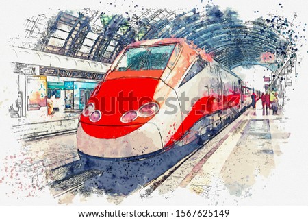 Illustration or watercolor sketch of a modern train at a railway station or at a subway station.