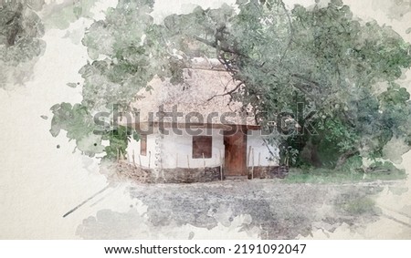 Illustration in watercolor style Small Ukrainian village house with  straw or thatch roof and clay walls. Picturesque Traditional Ukrainian House in open air museum Mamaeva Sloboda in Kyiv