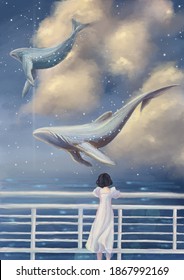 illustration of whales swimming in the sky and looking at them girl - Shutterstock ID 1867992169