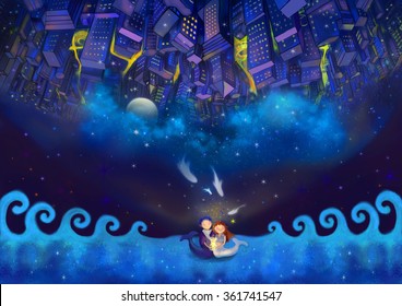 Illustration: The Whole World Are all Yours! Happy Valentine's Day! Upside down idea  Another world is above the head  Fantastic Cartoon Style Wallpaper Background Scene Design 
