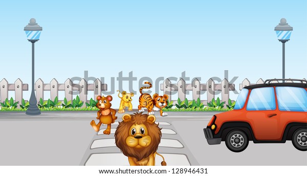 Illustration of wild animals crossing and a car in\
the road