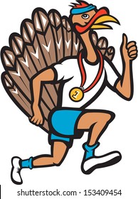 Illustration Of A Wild Turkey Run Trot Running Runner Thumbs Up Done In Cartoon Style On Isolated White Background