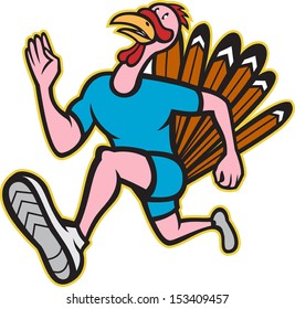 Illustration Of A Wild Turkey Run Trot Running Runner Viewed From Side Done In Cartoon Style On Isolated White Background