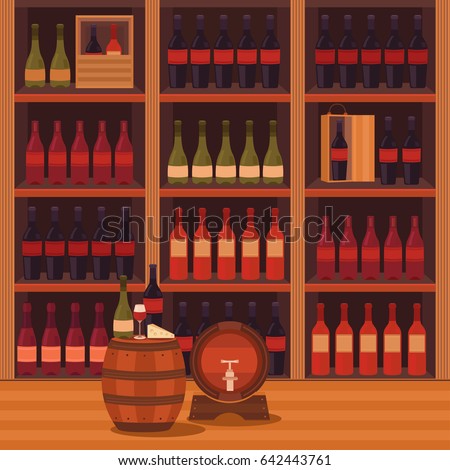 Illustration of a wine cellar. Collection of elements: wine bottle, wooden barrel, cheese, glass. Template for menu, banner, background, poster, cover, web pages, card, discount and label.