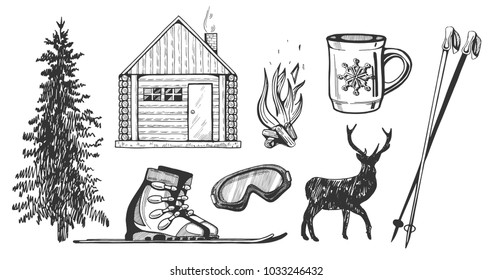 Illustration Of Winter Hiking Camp Tourism Icons Set. Fir Tree, Wooden Forest House Of A Forester, Fire, Bonfire, Deer Silhouette, Ski, Skiing Mask, Mulled Wine Cup With Snowflake, Skiing Poles