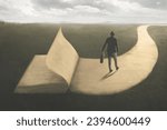 Illustration of wise man walking on the last page of a surreal book, wisdom concept