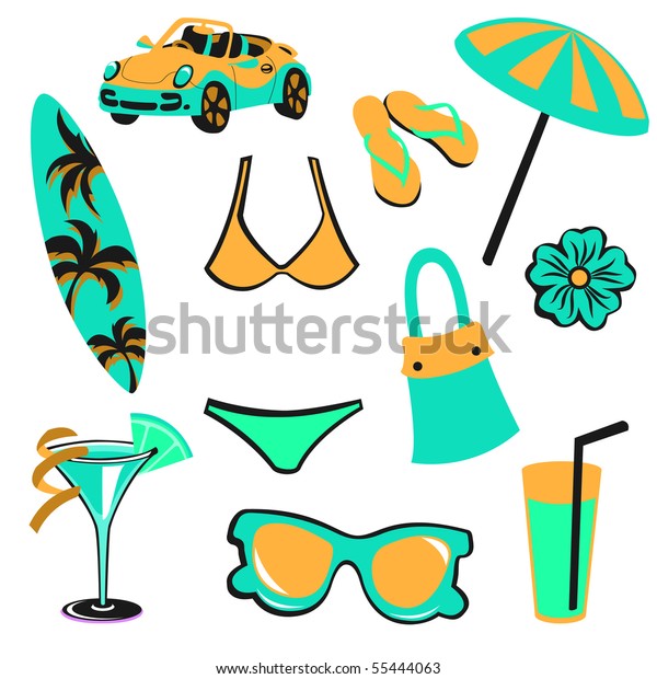 illustration of woman accessories set related to\
summer glamour\
fashion.
