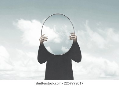 Illustration of woman in black holding a surreal mirror among clouds, surreal abstract concept