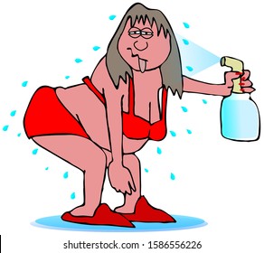 Illustration Of A Woman In Bra And Panties Spraying Herself With Water During A Hot Flash.