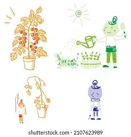 Illustration Of A Woman Doing Gardening And A Cat Surprised.
She Is A Woman Who Is Watering, Crying, And Dropping Her Shoulders.
Potted Plants Of Healthy Tomatoes And Dead Tomatoes.