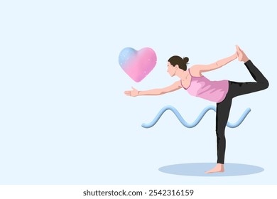 Illustration of a woman doing yoga. Yoga pose with a heart symbol on blue background. Yoga and wellness theme. Woman practicing yoga with a heart and wave design on blue background with copy space. - Powered by Shutterstock