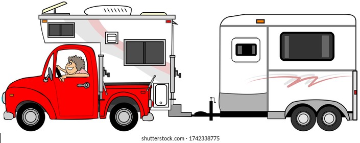 Illustration Of A Woman Driving A Pickup Truck With A Camper And Pulling A Horse Trailer.