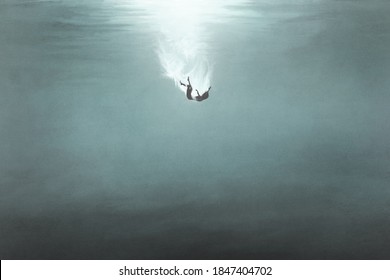 illustration of woman falling underwater, surreal concept