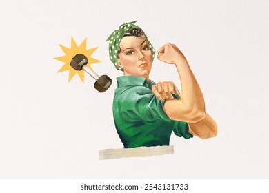 Illustration of a woman in a green shirt flexing her arm, symbolizing strength and empowerment. A dumbbell highlight her power. Strong woman fitness concept, vintage mixed media illustration. - Powered by Shutterstock