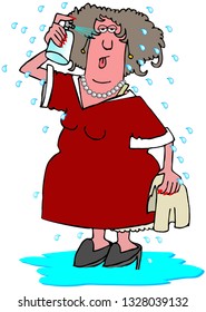 Illustration Of A Woman Having A Hot Flash With Perspiration Popping Off Of Her And Standing In A Puddle.