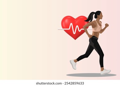 Illustration of a woman jogging with a heart symbol. Fitness and health theme with a heart and jogging. Active lifestyle with jogging and heart health on pastel yellow background with copy space. - Powered by Shutterstock