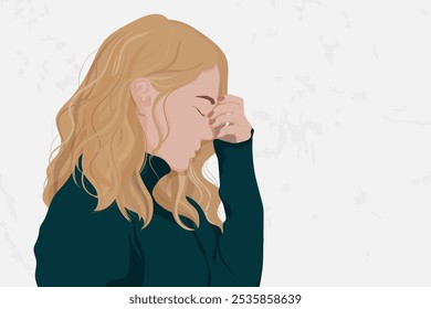 Illustration of woman with long blonde hair, wearing a dark top, hand on forehead, looking thoughtful. Neutral background, side profile view. Thoughtful woman on white wallpaper textured background. - Powered by Shutterstock