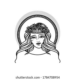 Illustration woman and long hair wearing crown made flowers 