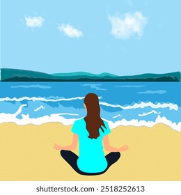 Illustration of a woman meditating by the beach, embracing peaceful ocean vibes. Ideal for wellness, relaxation, mindfulness, and travel content. Perfect for prints - Powered by Shutterstock