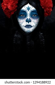 Illustration of a woman from the neck up, made up for Dia de los Muertos, Day of the Dead. Day Of Dead Traditional Mexican Halloween Dia De Los Muertos
