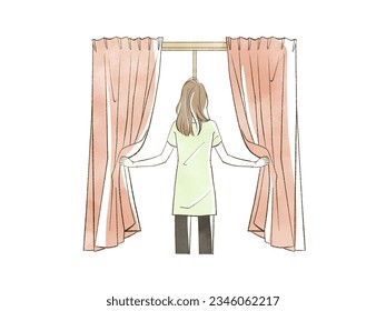 Illustration of a woman opening the curtains - Powered by Shutterstock