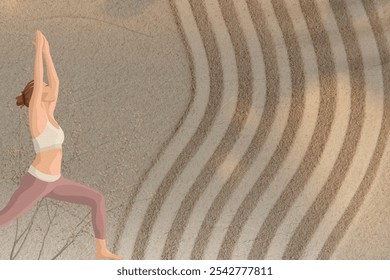 Illustration of a woman practicing yoga on a sandy beach background. Yoga pose, sandy beach, and serene atmosphere. Yoga and beach vibes in a calming scene background. - Powered by Shutterstock