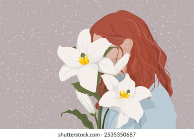 Illustration of a woman with red hair holding white lilies. The lilies are prominent, with large petals. The person is hidden behind the big white lilies. - Powered by Shutterstock