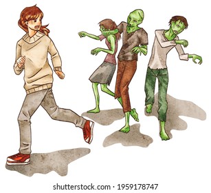 Illustration Of A Woman Running Away From Zombies.