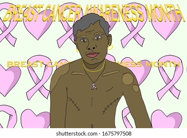 Illustration woman with scars on breast after removing breast awareness month support female young and old African American  - Powered by Shutterstock