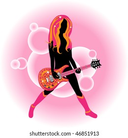 Illustration Of A Woman With An Stylized Acoustic Gitar On The Pink, Bubble Background