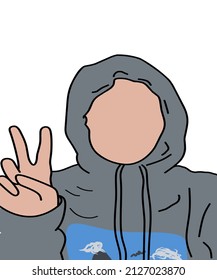 Illustration Of A Woman Wearing A Blue Hoodie Holding Up Two Fingers On A White Background