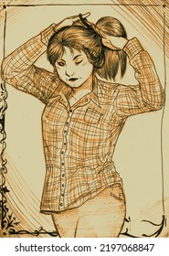 Illustration Of A Woman Wearing A Flannel Shirt And Tying Up Her Hair