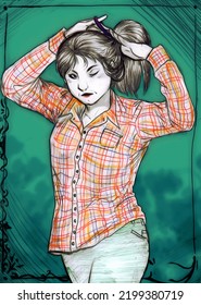 Illustration Of A Woman Wearing A Flannel Shirt And Tying Up Her Hair