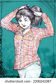 Illustration Of A Woman Wearing A Flannel Shirt And Tying Up Her Hair