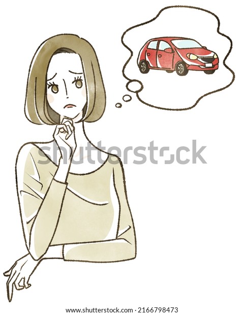 Illustration of a woman\
worried about a\
car
