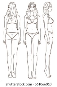 Illustration Of Woman's Body. Isolated Outline, Line, Contour. Template Girl In Underclothes. Paper Doll. Front, Back, Side Views. People Body